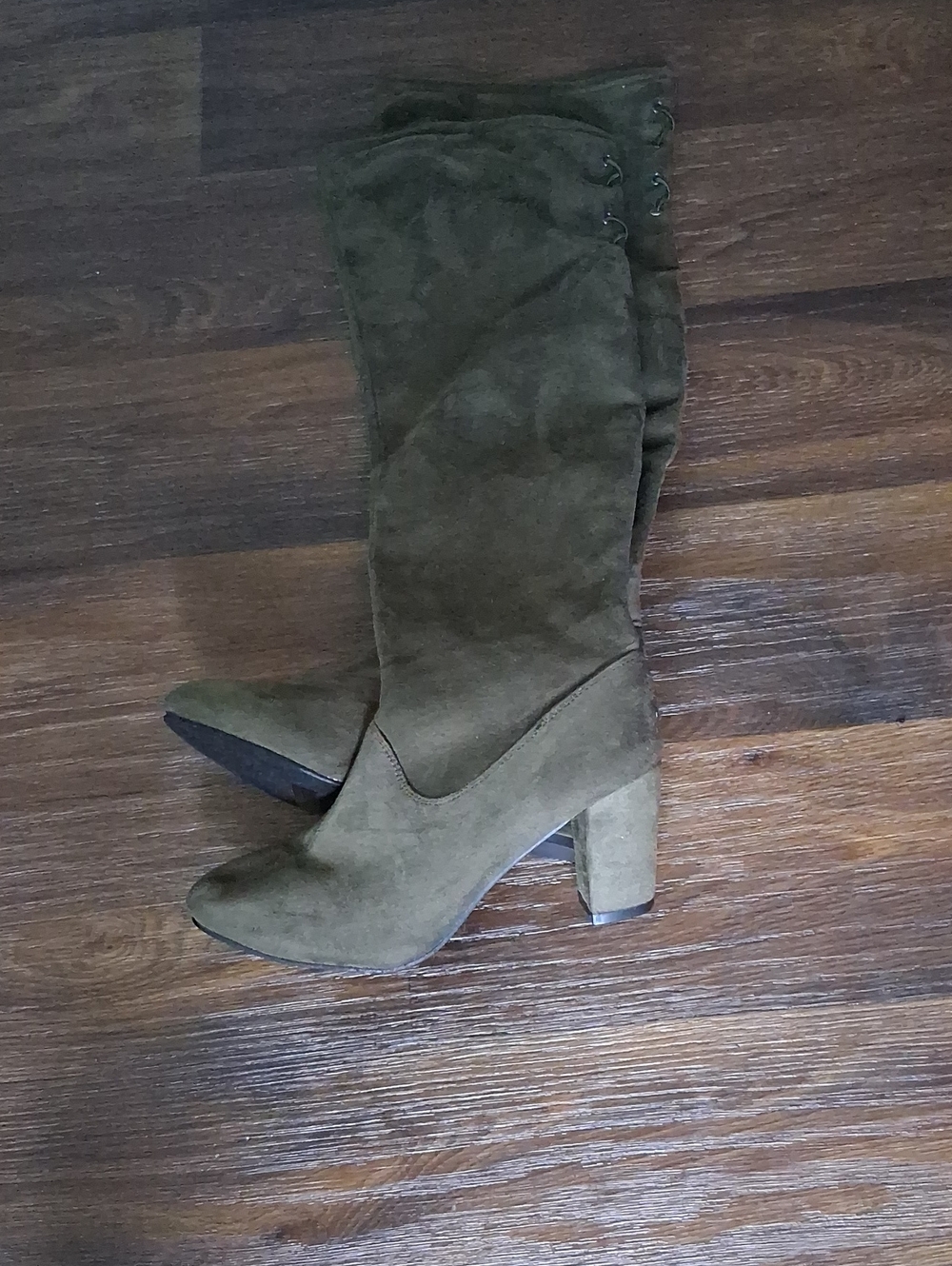 Women's Knee-High Block Heel Boots - Olive Suede